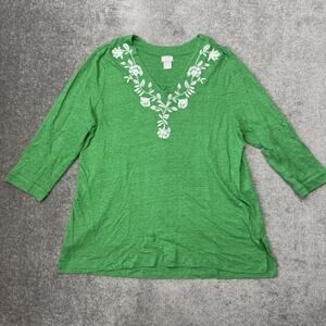 Chicos Shirt Womens Large Green Embroidered Linen 3/4 Sleeve Boho Floral Top